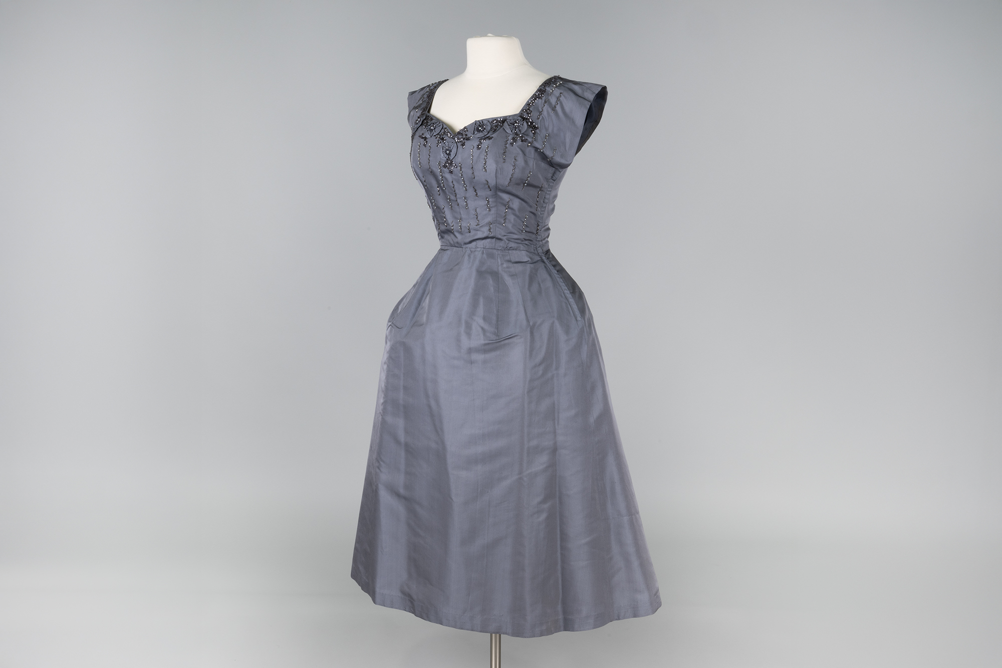 Image of Grey silk tea-length evening gown worn by Evelyn Baker Langlie, 1958